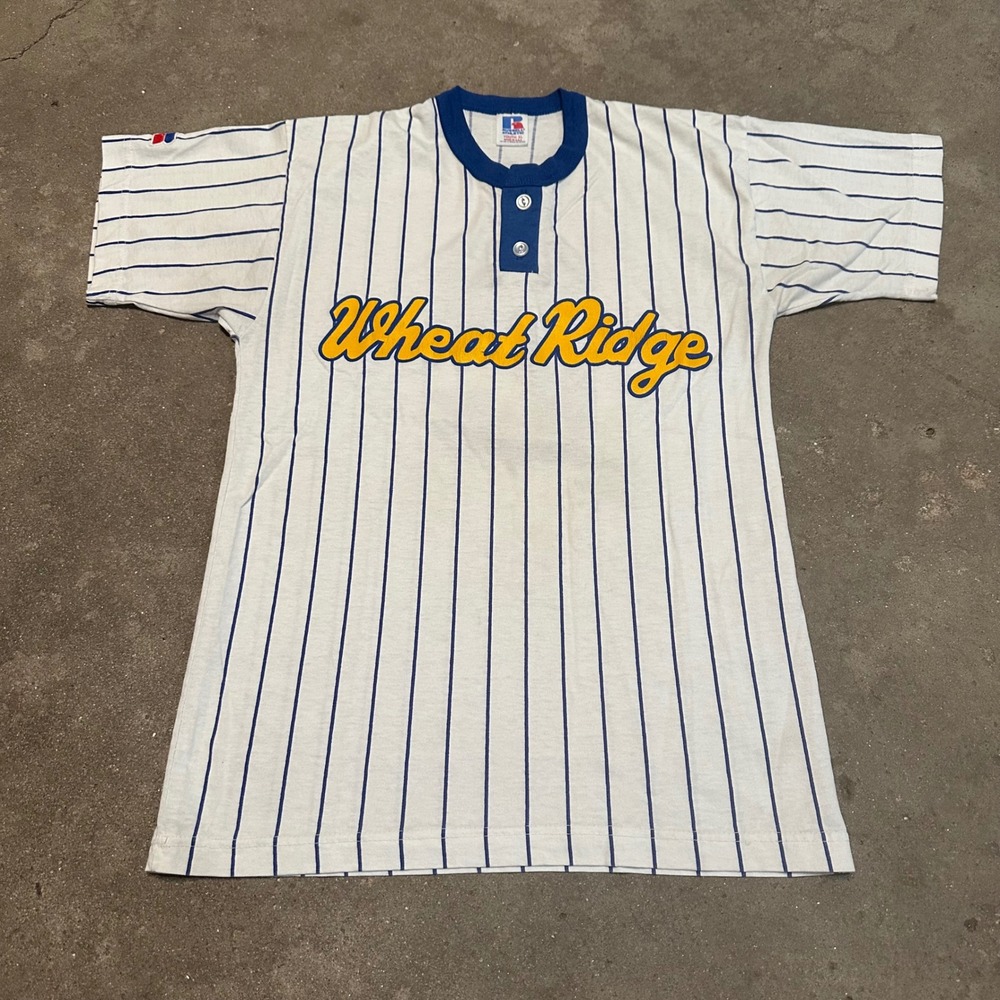 Vintage Russell Athletic Henley Jersey Mens XS White Blue Wheat Ridge Pinstripe